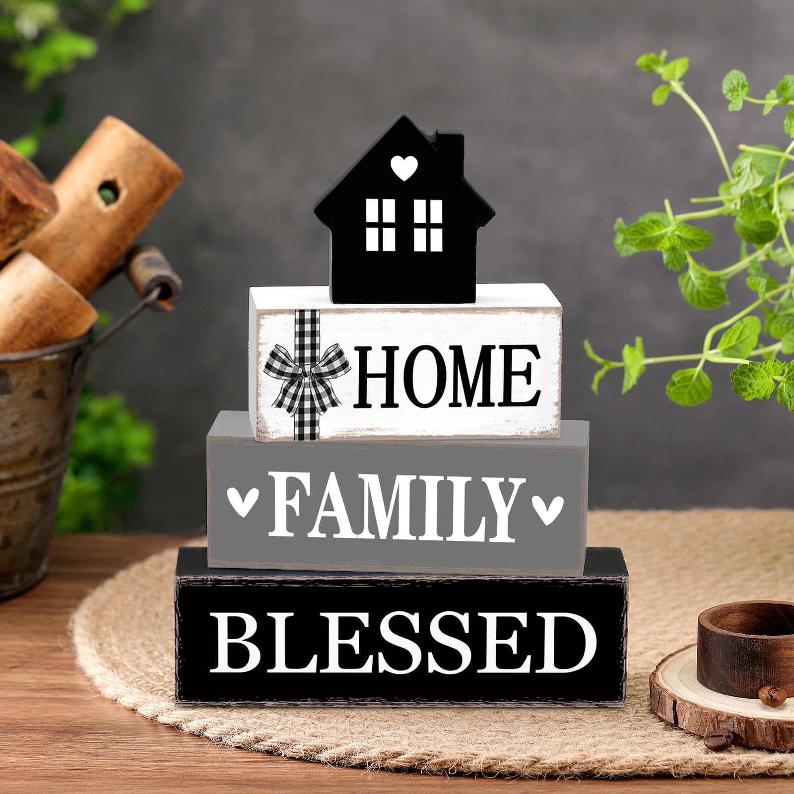 Cinnvoice Rustic Farmhouse Table Decor Blessed Signs for Home Decor Neutral Home Family Wood Sign Black and White Modern Tableto